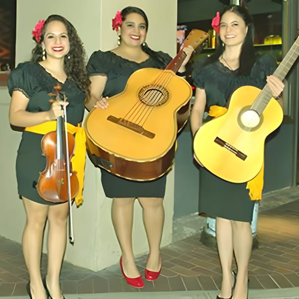 Three women in black dresses and yellow sashes, holding a violin and two guitars.