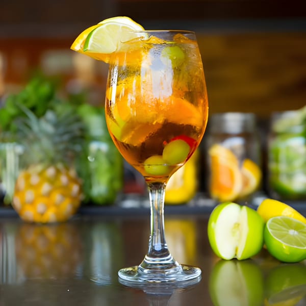 Aro Latin's vibrant sangria in a wine glass, garnished with lime, surrounded by fresh fruit.