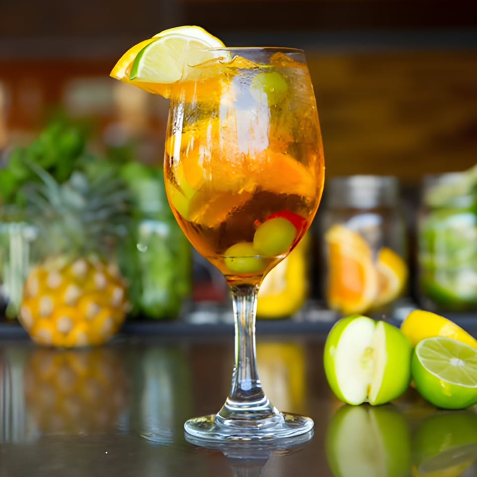 Aro Latin's vibrant sangria in a wine glass, garnished with lime, surrounded by fresh fruit.