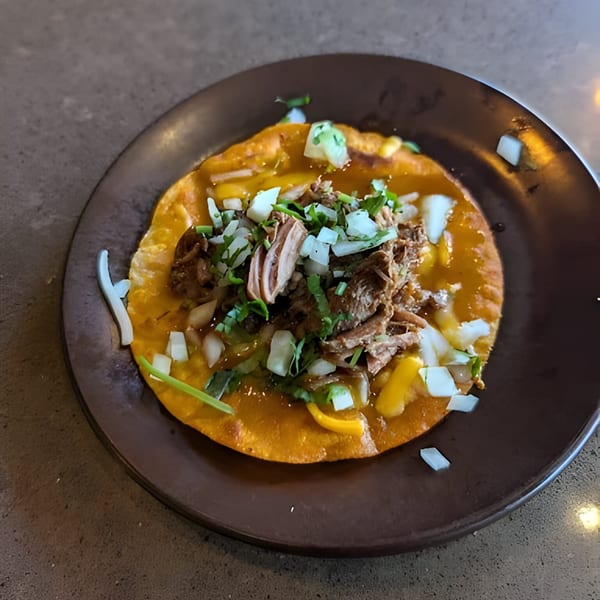 Aro Latin's carnitas tostada with shredded pork, diced onions, and cilantro on a dark plate.